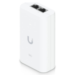 Ubiquiti white PoE+ power adapter on white background.