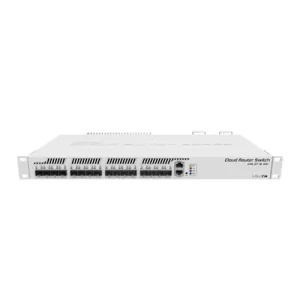 MikroTik white rackmount switch with SFP ports on white background.