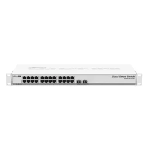 MikroTik white 24-port network switch on white background.
