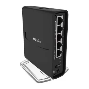 MikroTik black router with Ethernet ports on white background.