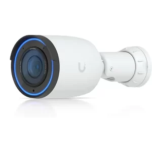 Ubiquiti white bullet security camera on white background.