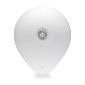 Ubiquiti white teardrop-shaped wireless antenna on white background.