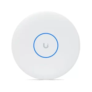 Ubiquiti round white wireless access point with blue LED ring on white background.
