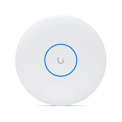 Ubiquiti round white wireless access point with blue LED ring on white background.