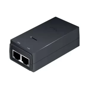 Ubiquiti black PoE adapter with two ports on white background.