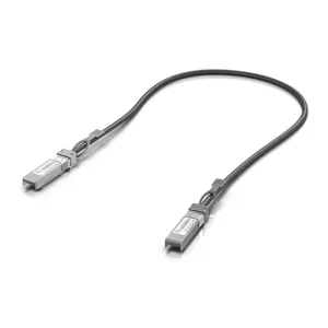 Ubiquiti black SFP+ direct attach cable on white background.