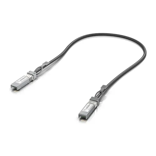 Ubiquiti black SFP+ direct attach cable on white background.