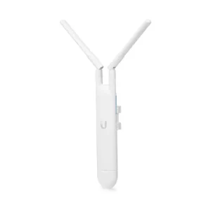 Ubiquiti white wireless access point with two antennas on white background.
