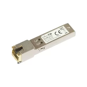 MikroTik S+RJ10 SFP+ copper transceiver module on white background.