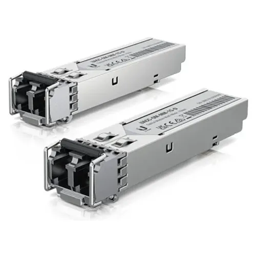 Two Ubiquiti gray SFP transceiver modules on white background.