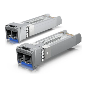 Two Ubiquiti gray SFP+ transceiver modules with blue connectors on white background.