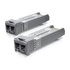 Two Ubiquiti gray SFP+ transceiver modules on white background.