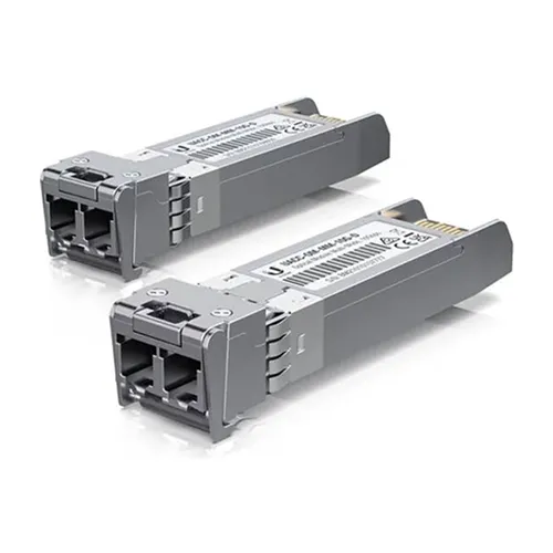 Two Ubiquiti gray SFP+ transceiver modules on white background.