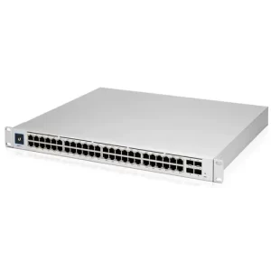 Ubiquiti silver 48-port rackmount network switch on white background.