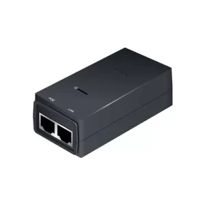 Ubiquiti black PoE adapter with two ports on white background.