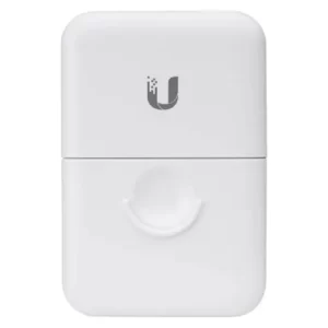 Ubiquiti white ethernet surge protector on white background.