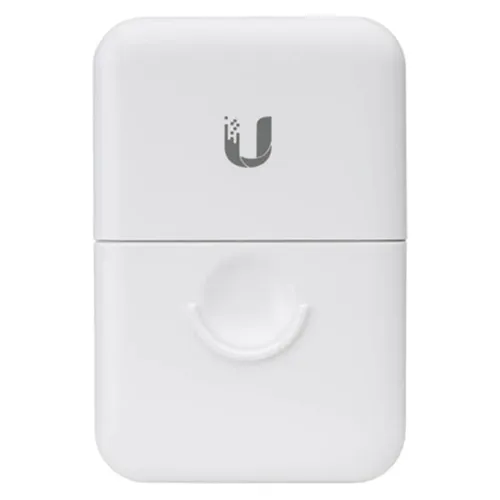 Ubiquiti white ethernet surge protector on white background.