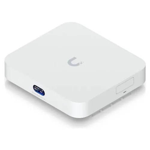 Ubiquiti white network device on white background.