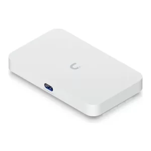 Ubiquiti white wireless access point on white background.