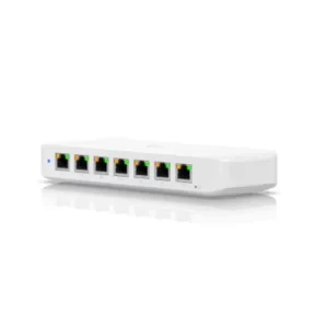 Ubiquiti white network switch with Ethernet ports on white background.