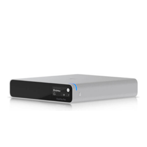 Ubiquiti Cloud Key Plus silver network device with display on white background.