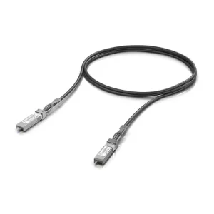 Ubiquiti black SFP+ direct attach cable on white background.
