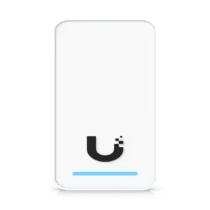 Ubiquiti white wireless access point with blue LED bar on white background.