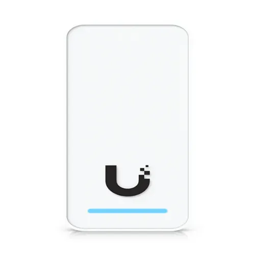 Ubiquiti white wireless access point with blue LED bar on white background.