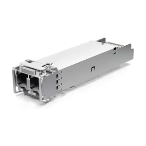 Gray SFP fiber transceiver module on white background.