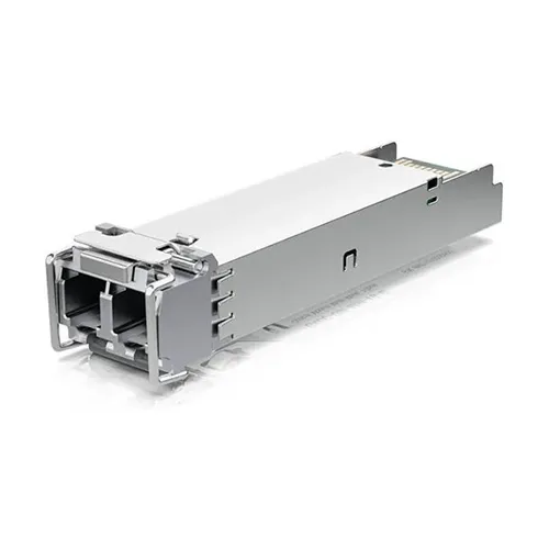 Gray SFP fiber transceiver module on white background.