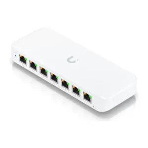 Ubiquiti white network switch with Ethernet ports on white background.